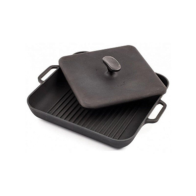 Сковорода гриль чугунная квадратная СИТОН 280х280х40 с прессом (для цыплят табака)