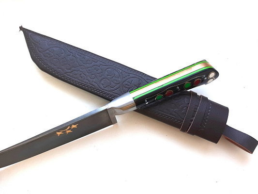 Узбекский нож - Пчак средний. Оргстекло, бринч латунь , гарда олово, клинок с гравировкой, (15-17 см)