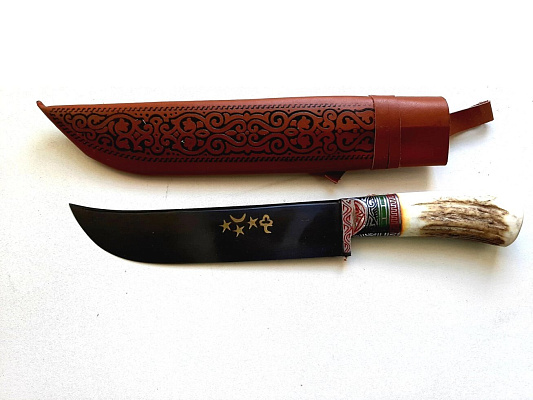 Узбекский нож – Пчак большой. Рукоятка- рог косули, гарда олово, гравировка (17-19 см)