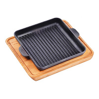 Сковорода-ГРИЛЬ чугунная 180х180х25 (Brizoll) на деревянной подставке