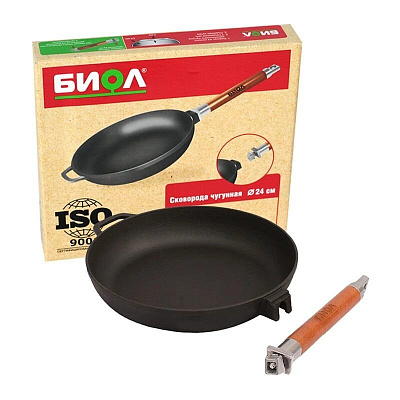 Сковорода чугунная 280х45 со съемной деревянной ручкой (Биол)