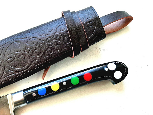 Узбекский нож – Пчак средний. Рукоятка оргстекло, гарда олово/латунь, гравировка (15-17 см)