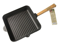 Сковорода-ГРИЛЬ чугунная 280х280х50 чугунная квадратная (Brizoll) с деревянной ручкой
