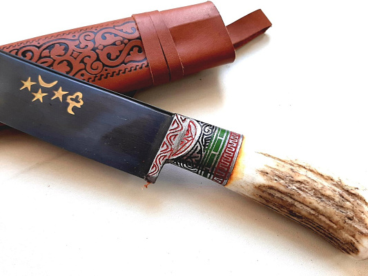 Узбекский нож – Пчак большой. Рукоятка- рог косули, гарда олово, гравировка (17-19 см)