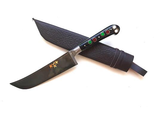 Узбекский нож - Пчак средний. Оргстекло, бринч латунь , гарда олово, клинок с гравировкой, (15-17 см)